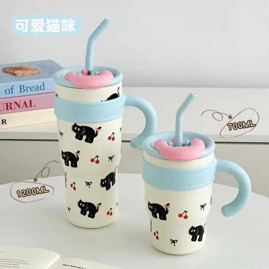700ml 1200ml Cartoon Elegant Ice Bula Cup Cherry Yongkang Large Capacity Thermos Cup Stainless Steel Big Mac Insulated Sport Water Cup Vacuum Thermo
