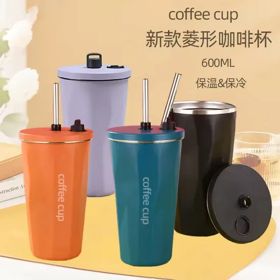 20oz Straws Tumbler Double Wall Stainless Steel Coffee Mug Thermos Insulated Cup Drinking Cups with Lids Straw 
