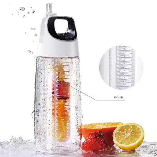 Eco Friendly Fruit Infuser Plastic Sport Water Bottle with Straw Transparent 