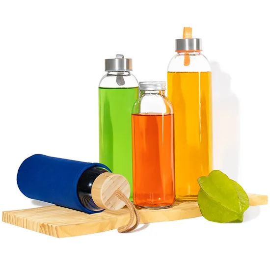 10oz 14oz 16oz 25oz Clear Glass Water Bottle with Rope Lid and Sleeve 500ml 750ml for Sparkling Juice Empty Packaging Bottle 